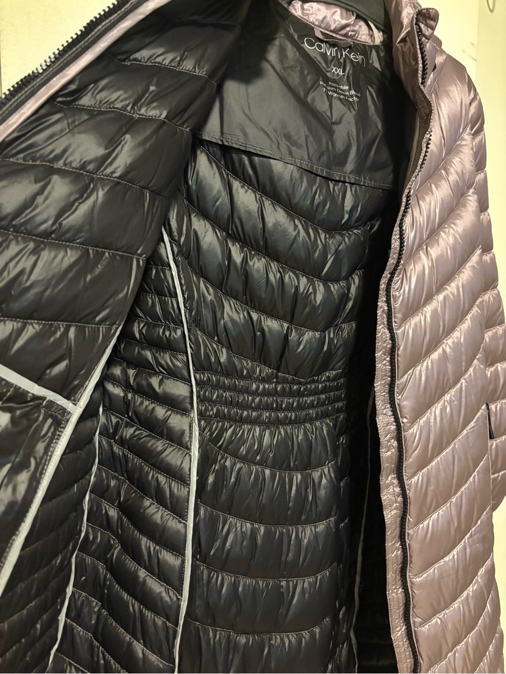 Calvin Klein Metallic Mauve Long Chevron Puffer Coat - Picture 7 of 12